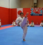 A young 8 year old student performing a front kick as part of a Kata
