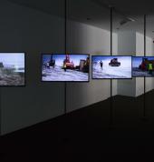 Alex Monteith Rena Shipping Container Disaster, 2011 – (install view) 5 channel HD video installation, variable durations looped. Courtesy of the artist and Te Tuhi, Auckland. Photo by Sam Hartnett