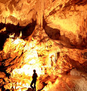Huge stalactites and stalagmites in Nikau Cave